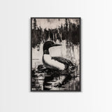 Loon, Lake Reflection, Nature Wall Art, Framed Canvas Print, Black and White Art, Minimalist Decor, Cabin Wall Art, Rustic Home