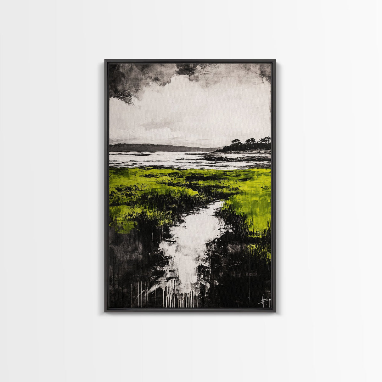 Marsh, Coastal Greenery, Landscape Wall Art, Framed Canvas Print, Nature Aesthetic, Living Room Decor, Serene Scenic View, Rustic Style
