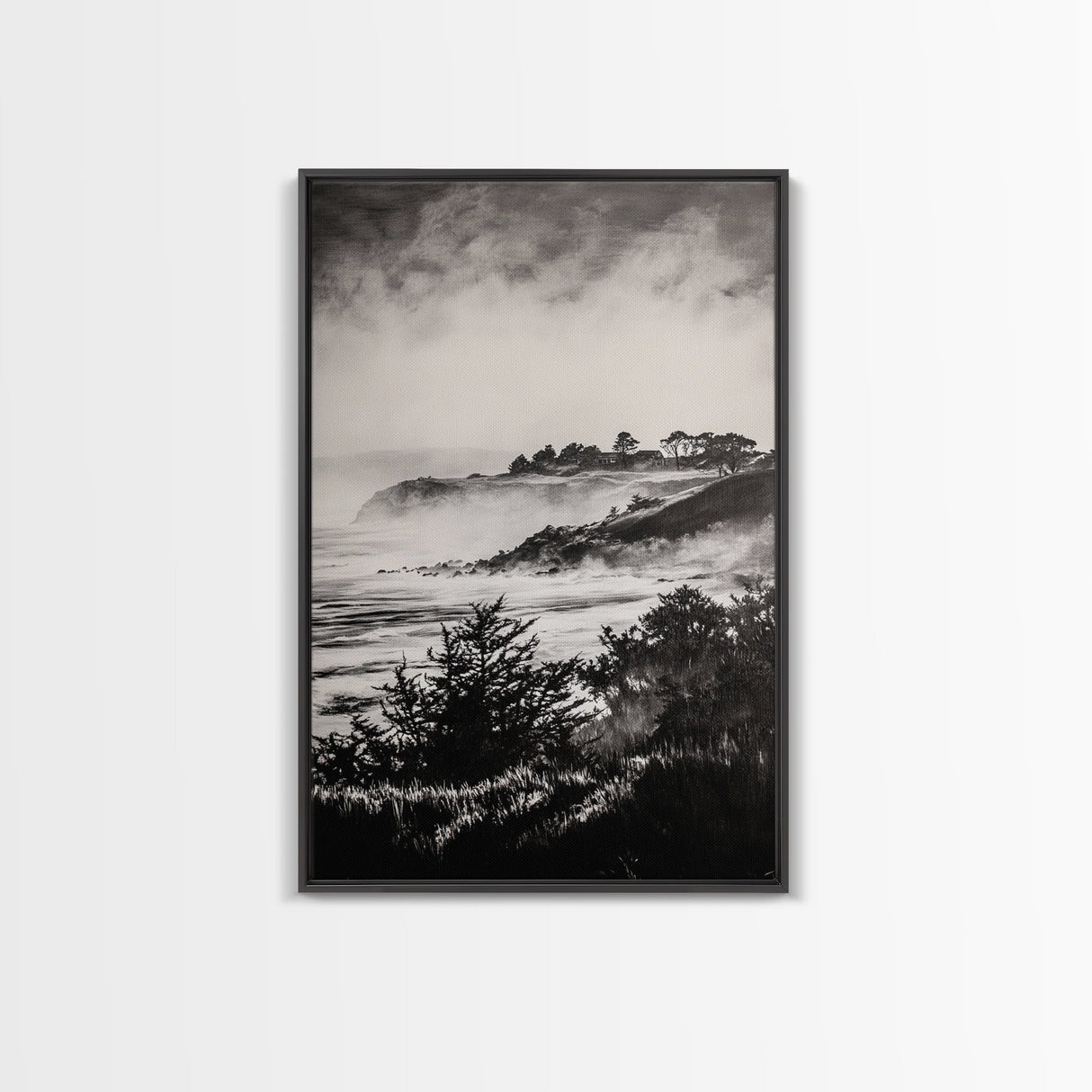 Misty Coast, Black White Art, Framed Canvas Print, Coastal Landscape, Foggy Ocean, Living Room Art, Nautical Decor, Monochrome Art