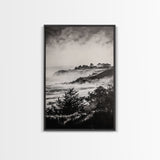 Misty Coast, Black White Art, Framed Canvas Print, Coastal Landscape, Foggy Ocean, Living Room Art, Nautical Decor, Monochrome Art