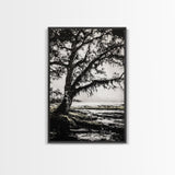 Tree Silhouette, Black White Art, Canvas Print, Dramatic Landscape, Coastal Wall Art, Nature Scene, Monochrome Decor, Minimalist Art