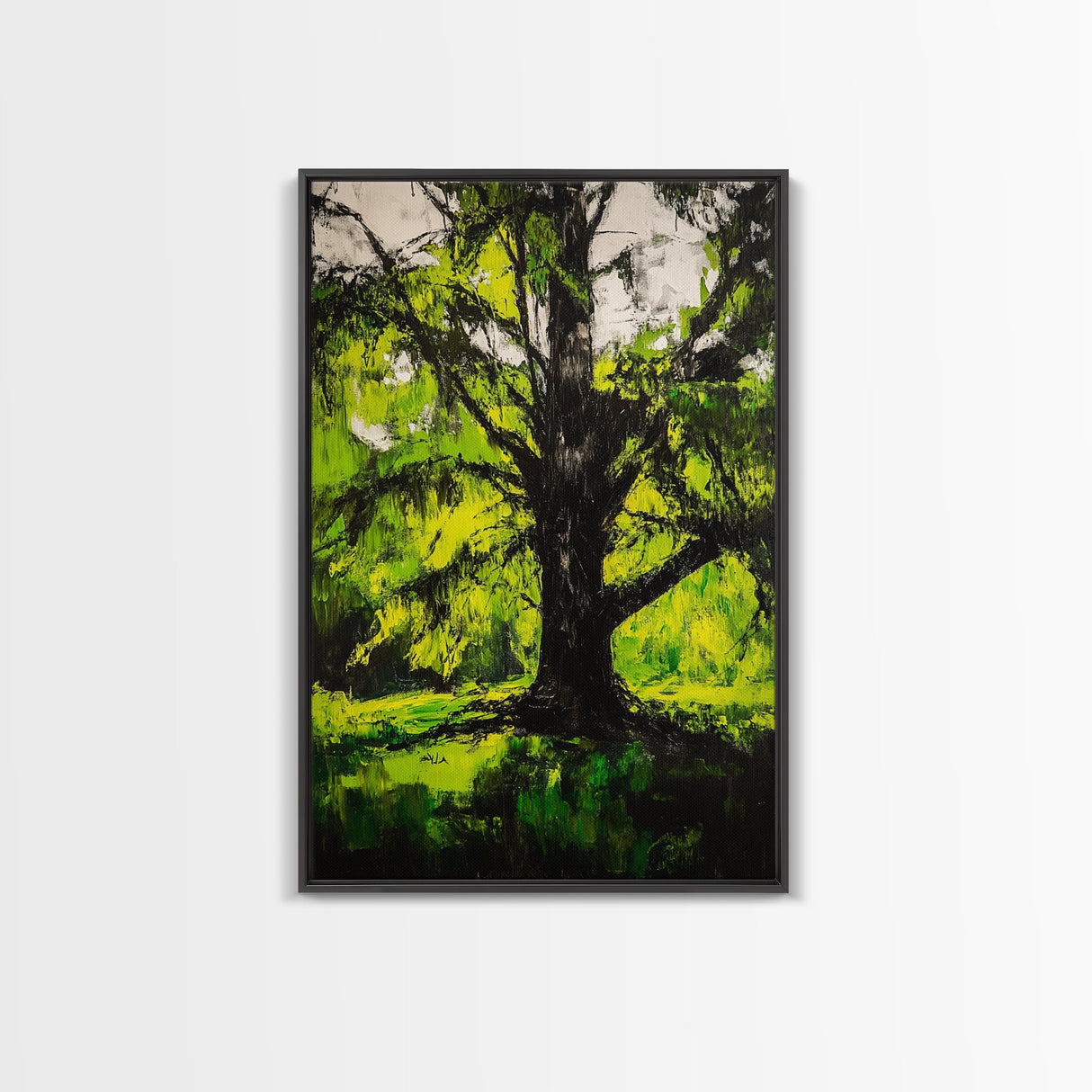 Majestic Tree, Forest Green, Nature Inspired, Framed Canvas Print, Botanical Wall Art, Office Wall Decor, Boho Landscape