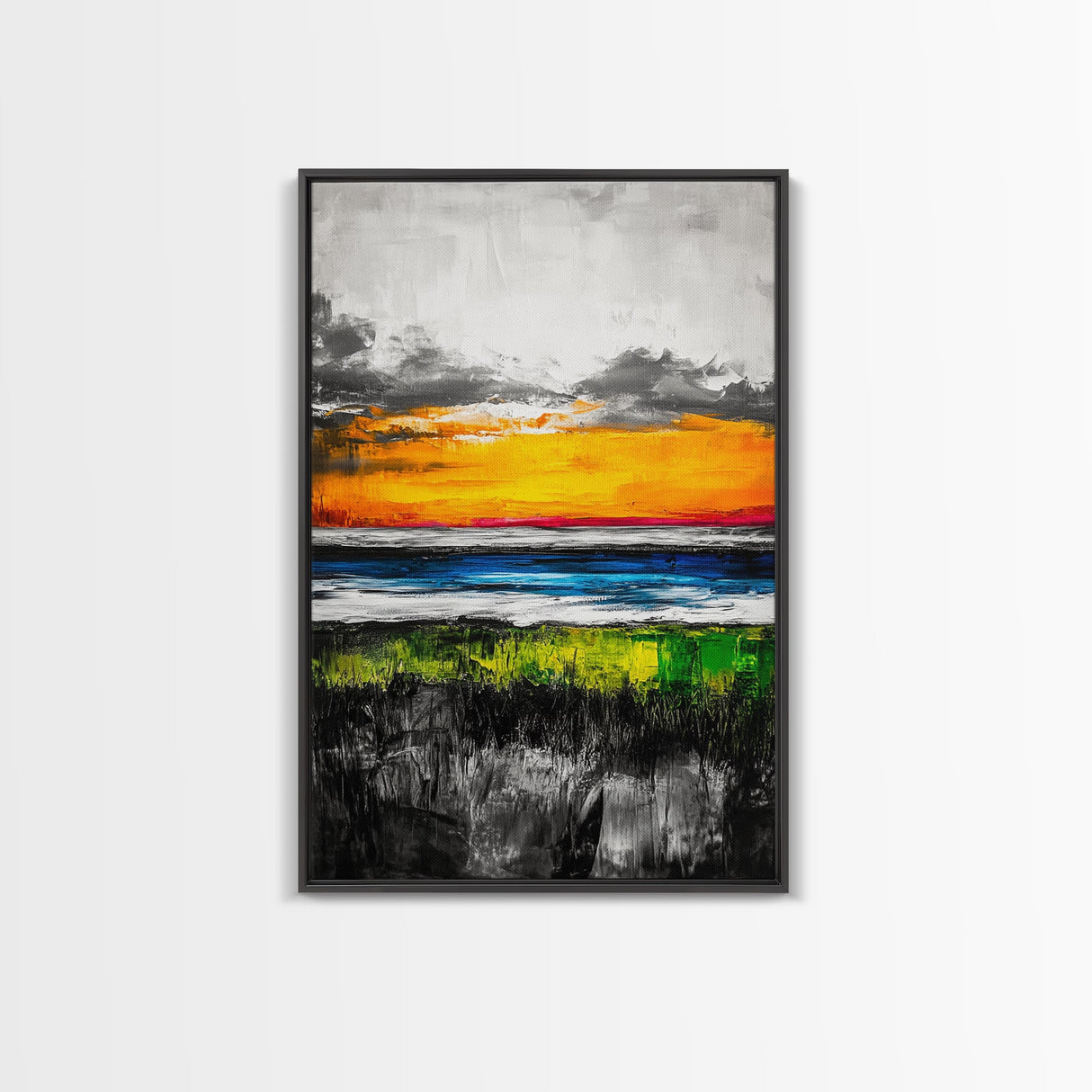 Vibrant Sunset, Ocean Horizon, Dramatic Sky, Framed Canvas Print, Coastal Home Decor, Living Room Wall Art, Abstract Art