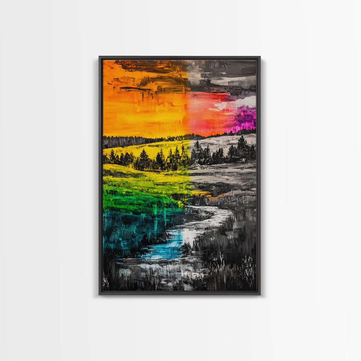 Vibrant Sunset, Colorful Landscape, Bold Abstract Art, Nature Inspired, Modern Painting, Framed Canvas Print, Living Room Wall Decor