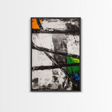 Geometric Abstract, Black and White with Green and Yellow Accents, Modern Minimalist Wall Art, Framed Canvas Print, Office or Loft Decor