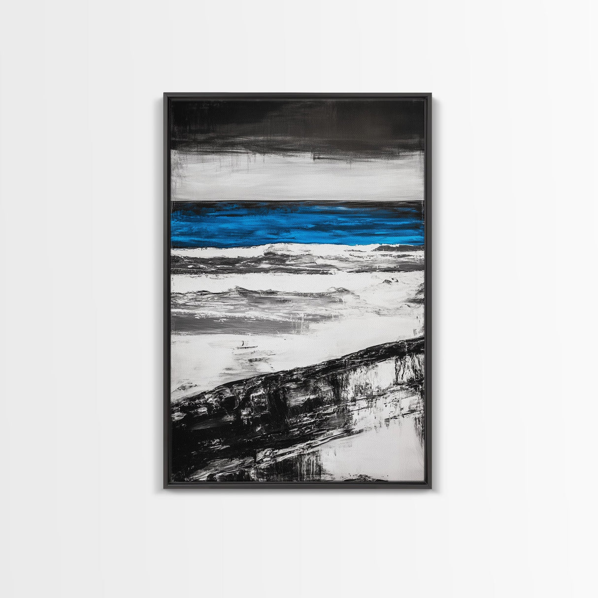Ocean Horizon, Minimalist Seascape Painting, Black White and Blue Coastal Art, Framed Canvas Print, Modern Living Room or Office Wall Decor