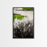 Wild Grass, Black and White with Green Accents, Abstract Nature Painting, Framed Canvas Print, Rustic Farmhouse or Living Room Decor