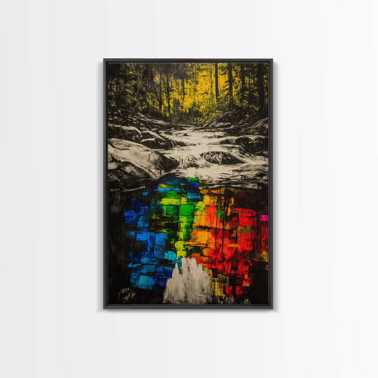 Forest Reflection, Black and White with Vibrant Colors, Abstract Waterfall Painting, Framed Canvas Print, Nature Lover’s Wall Art