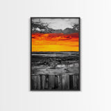 Sunset Landscape, Rustic Fence, Fiery Sky Art, Bold Color Wall Art, Abstract Nature Scene, Canvas Print, Boho Home Decor