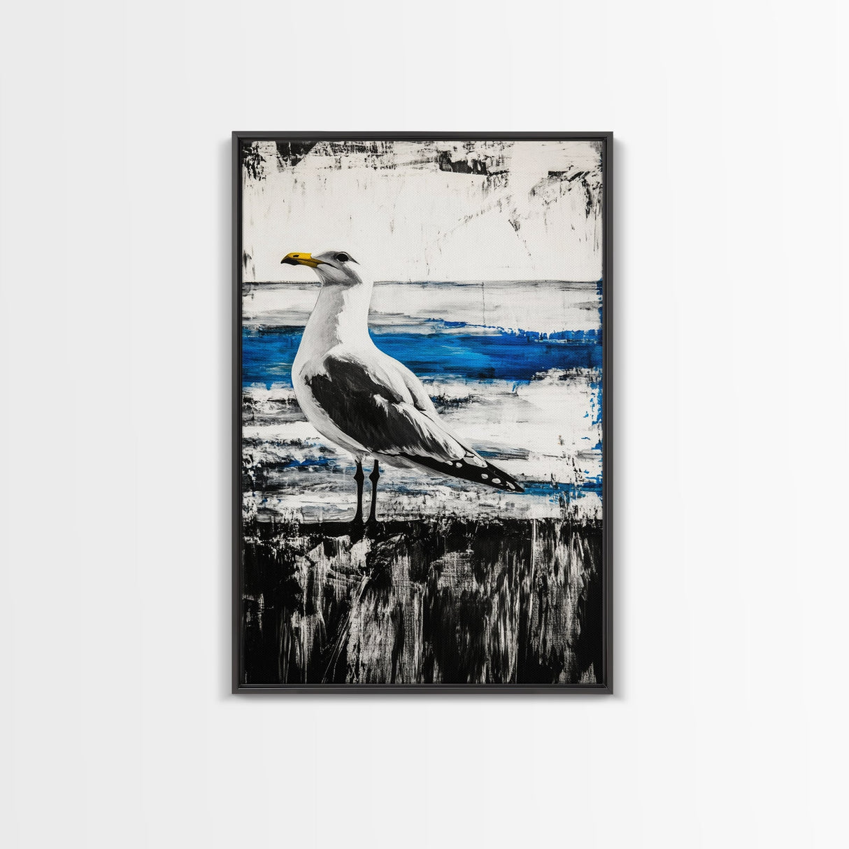 Seagull Painting, Coastal Bird Art, Ocean Wall Decor, Nautical Home Art, Blue and White Theme, Framed Canvas Print, Beach House Decor