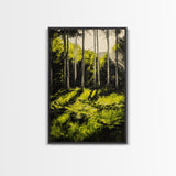 Forest Scene, Green Woodland Art, Sunlit Trees Print, Serene Nature Wall Decor, Cozy Cabin Art, Framed Canvas Print, Rustic Home Decor
