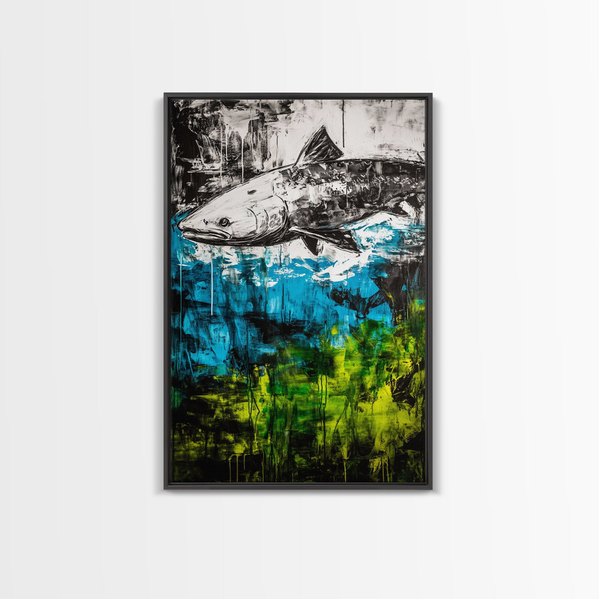 Fish Underwater, Blue Green Art, Abstract Ocean, Framed Canvas Print, Living Room Decor, Coastal Wall Art, Nautical Home Decor