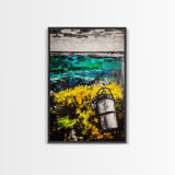Coastal Lantern, Ocean Shore, Yellow Blue Art, Framed Canvas Print, Nautical Wall Art, Beach House Decor, Rustic Modern Art