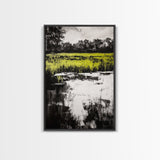 Marshland Reflections, Nature Landscape, Black and White Wall Art, Rustic Home Decor, Framed Canvas Print, Minimalist Aesthetic, Office Art