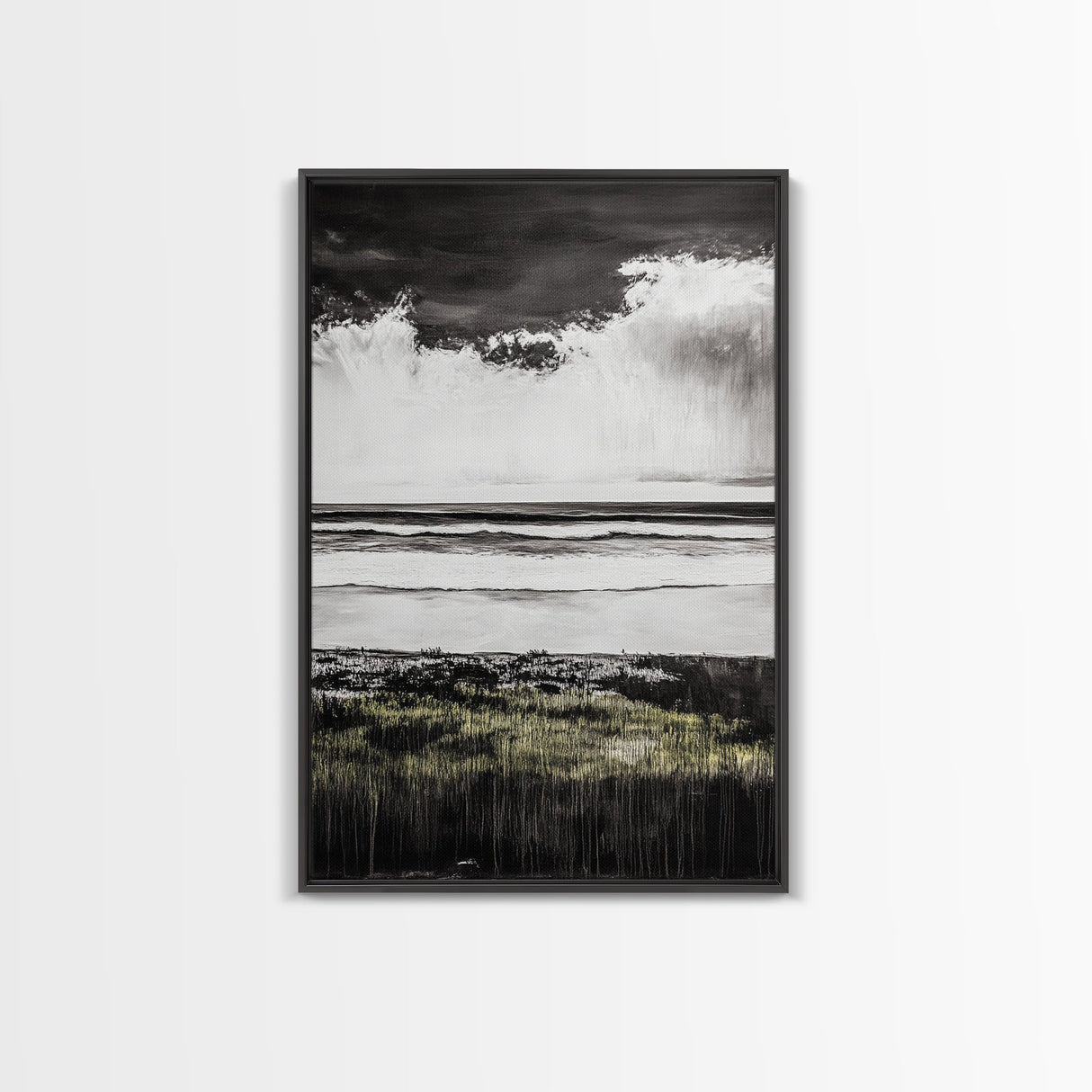 Stormy Beach, Coastal Wall Art, Black White Ocean, Framed Canvas Print, Dramatic Seascape, Nautical Home Decor, Modern Minimalist