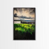 Lakeside Pier, Landscape Painting, Framed Canvas Print, Nature Wall Art, Blue Sky Art, Serene Lake View, Living Room Decor