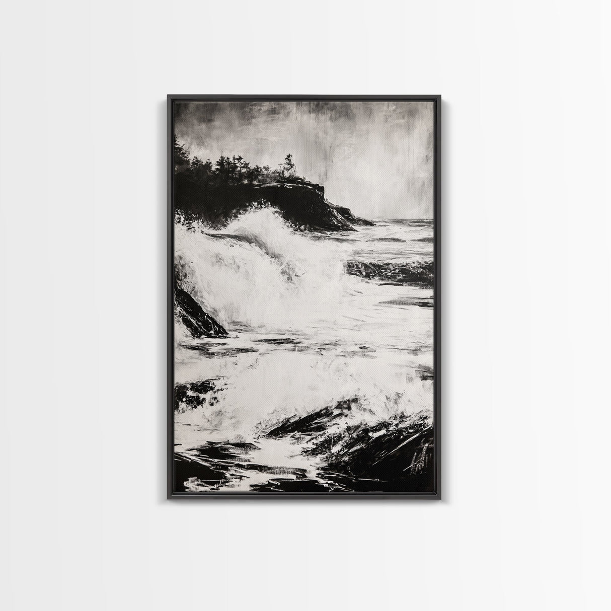 Ocean Waves, Seascape Painting, Framed Canvas Print, Beach House Decor, Nautical Wall Art, Black and White Art, Coastal Living Room