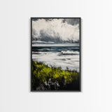 Ocean Waves, Storm Clouds, Coastal Drama, Seascape Wall Art, Framed Canvas Print, Modern Home Decor, Blue Gray Tones, Beach Aesthetic