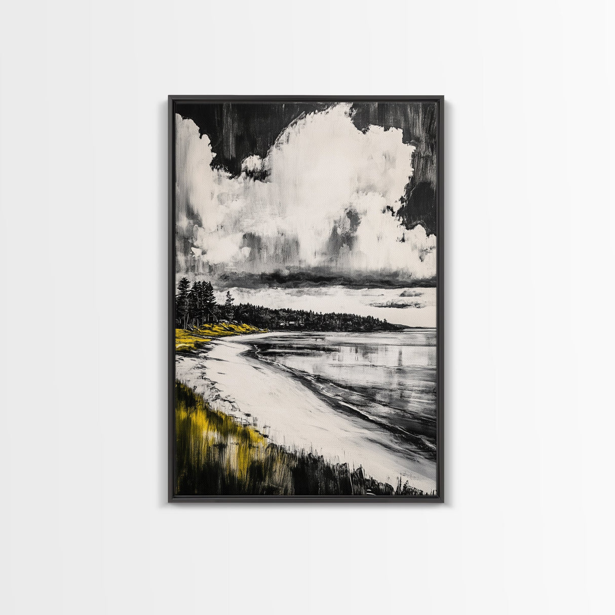 Tranquil Shoreline, Coastal Landscape, Framed Canvas Print, Beach House Wall Art, Ocean View, Minimalist Seascape, Living Room Accent