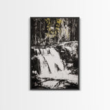 Waterfall Scene, Black and White Art, Forest Wall Decor, Cabin Aesthetic, Adventure Landscape Print, Wilderness Gift, Canvas Print