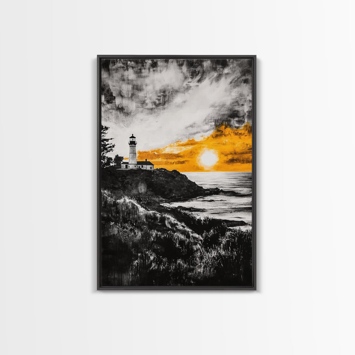 Lighthouse Sunset, Nautical Wall Art, Coastal Painting, Canvas Print, Orange and Black Artwork, Ocean Home Decor, Beach House Design
