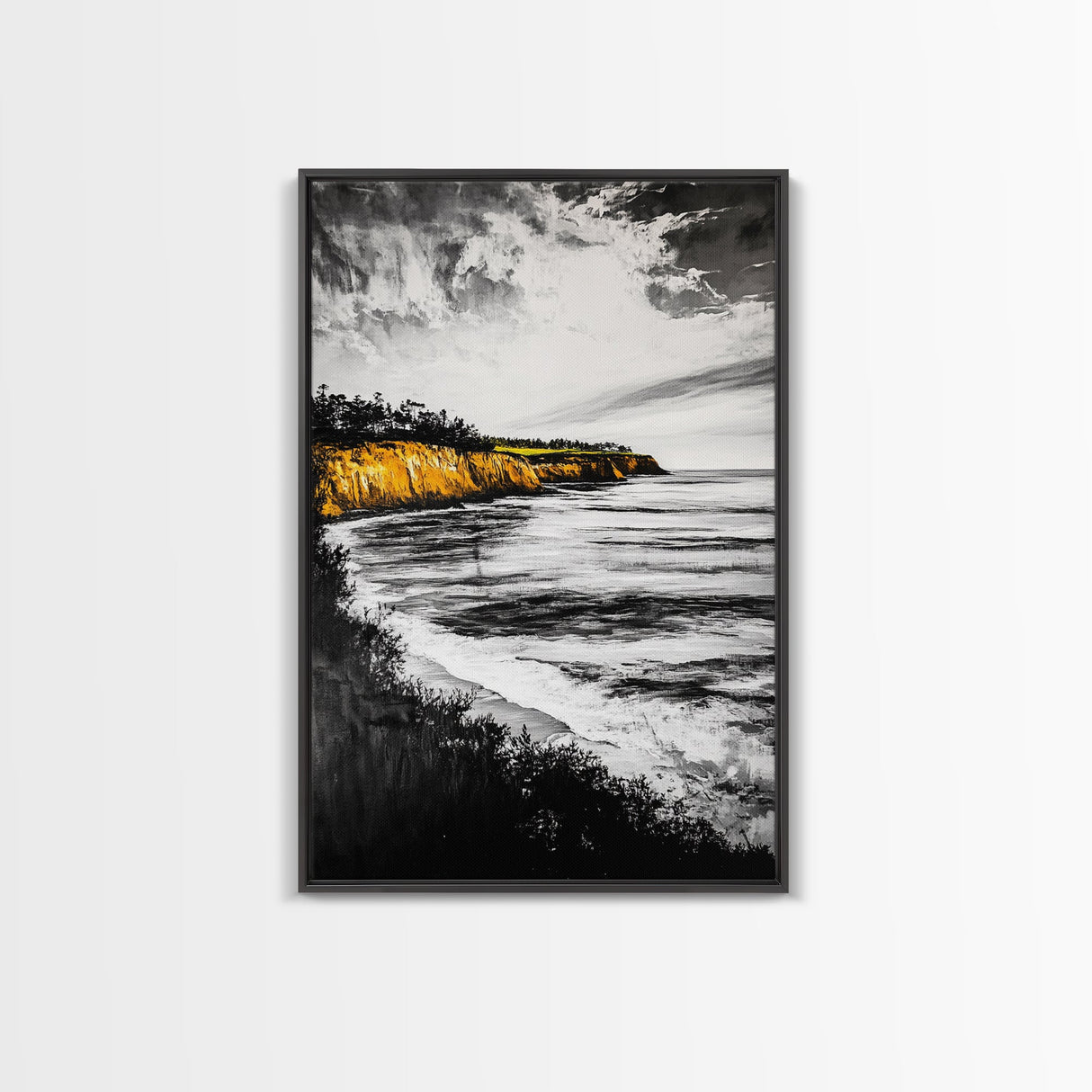 Golden Cliffs, Ocean Landscape, Beach House Wall Art, Canvas Print, Coastal Scene, Black and White Painting, Sunset Inspired Decor