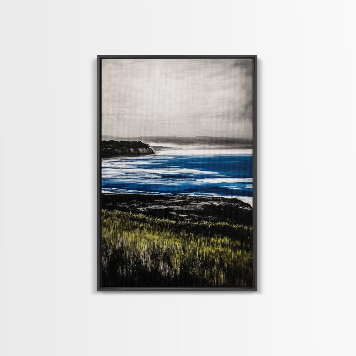 Misty Coast, Cliffside View, Ocean Horizon, Framed Canvas Print, Coastal Home Decor, Nautical Painting, Minimalist Wall Art