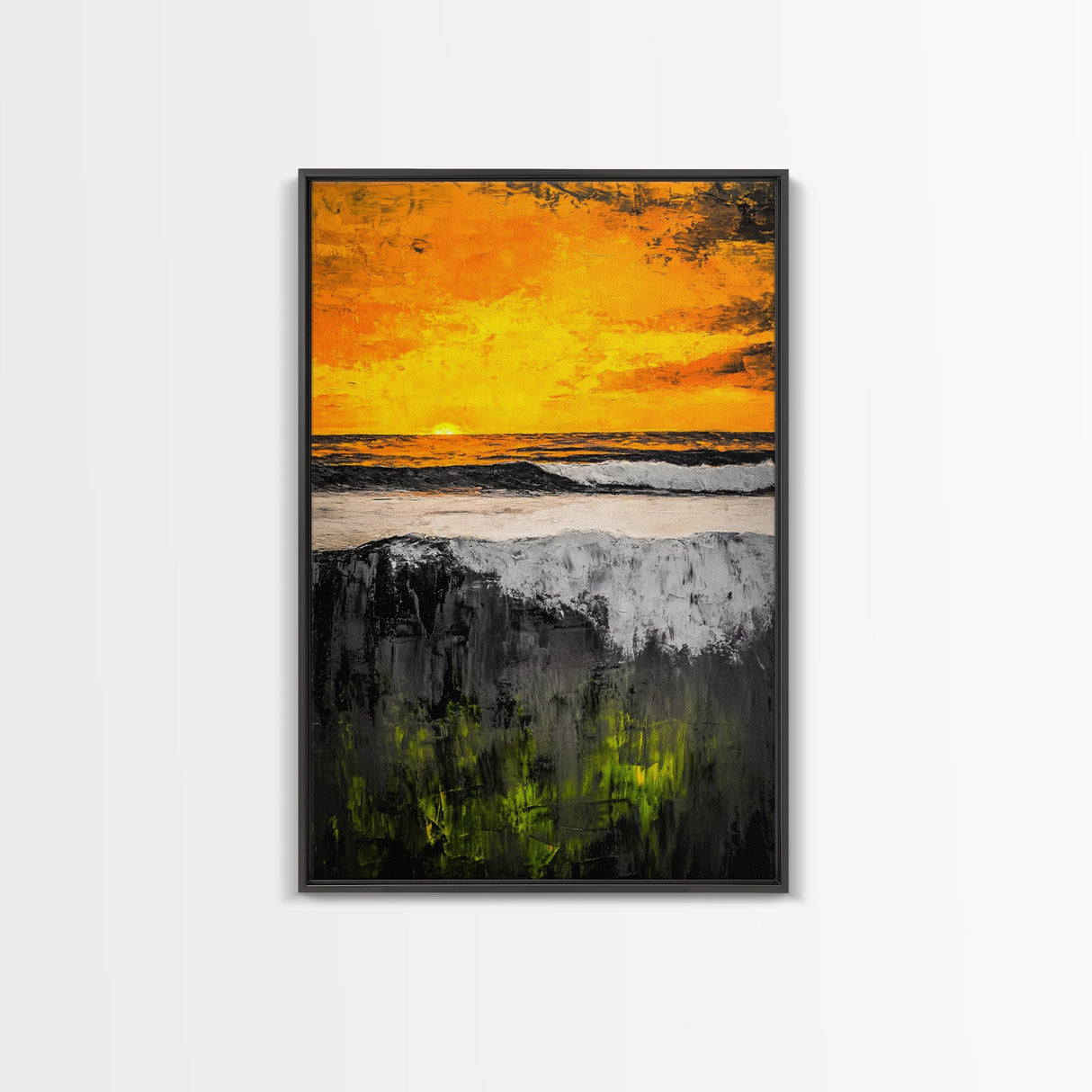 Fiery Sunset, Ocean Waves, Golden Sky, Framed Canvas Print, Tropical Beach Art, Coastal Decor, Living Room Wall Art, Bold Colors