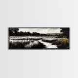 Black and White Marsh, Rustic Landscape, Moody Wall Art, Minimalist Nature Print, Framed Canvas Print, Bedroom Wall Decor