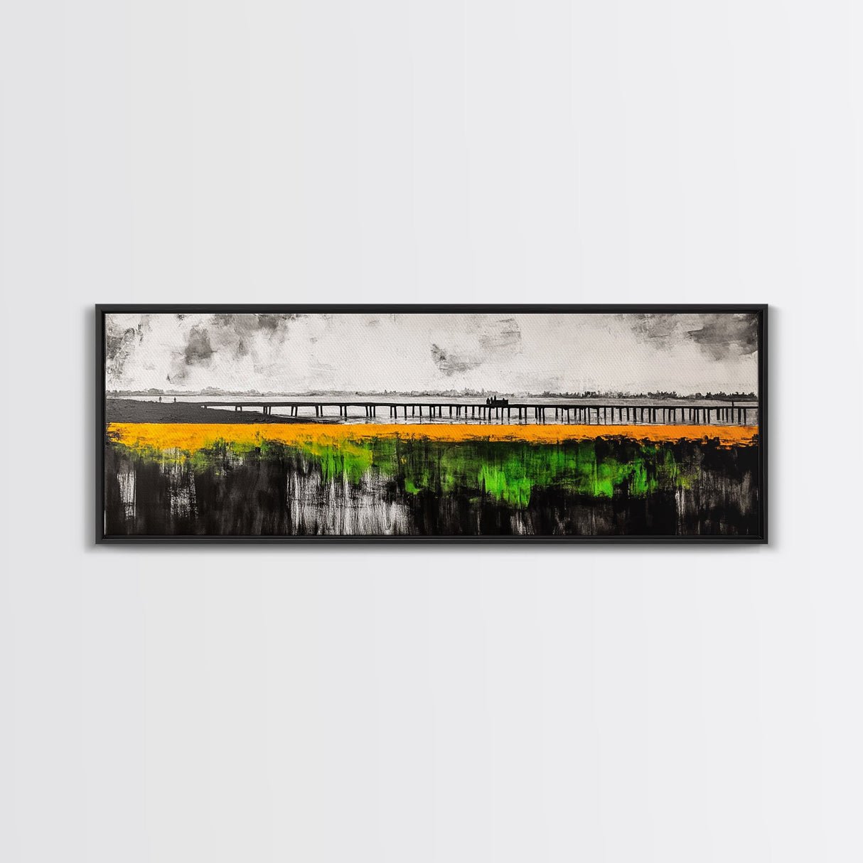 Lakeside Reflection, Golden Meadow, Dramatic Sky, Framed Canvas Print, Landscape Wall Art, Nature Inspired Art, Bedroom Wall Decor, Rustic Charm