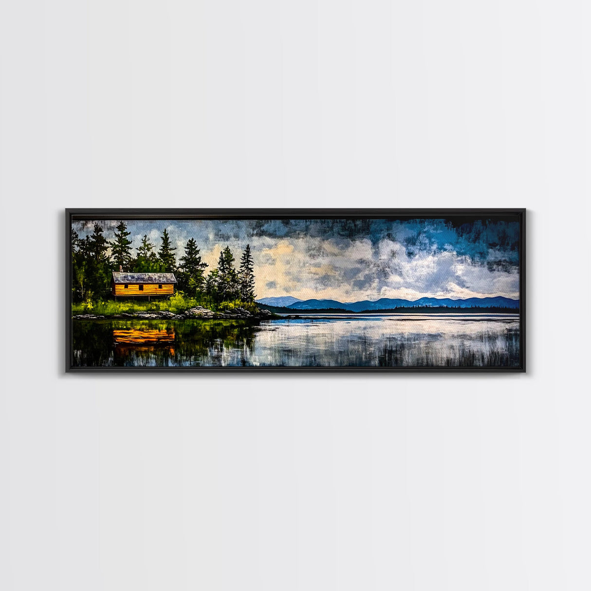 Cabin on the Lake, Peaceful Landscape, Nature Lover Art, Framed Canvas Print, Mountain View, Serene Wall Decor, Scenic Painting