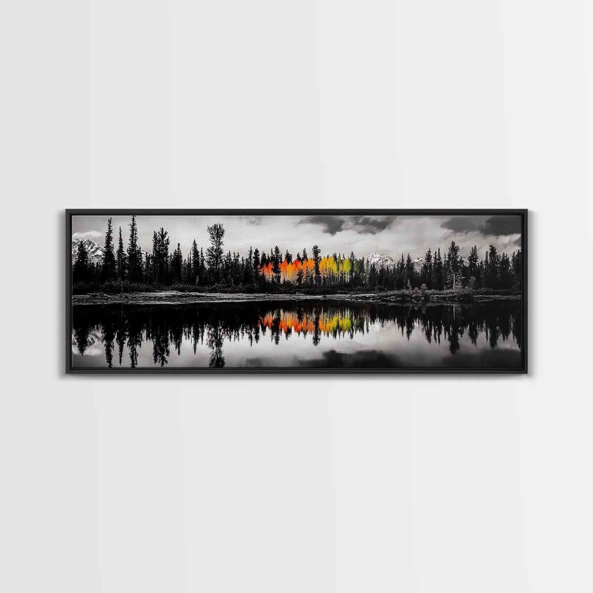 Fall Reflections, Black and White Forest, Vibrant Autumn Colors, Nature Photography, Living Room Wall Art, Canvas Print, Large Wall Art