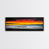 Fiery Sunset, Beach Scene, Ocean Waves, Vibrant Seascape, Framed Canvas Print, Living Room Art, Modern Coastal Wall Art, Beach House Decor