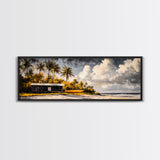 Secluded Beach Cabin, Tropical Landscape Painting, Oceanfront Bungalow Art, Coastal Wall Decor, Vacation Home Canvas Print, Framed Canvas Print