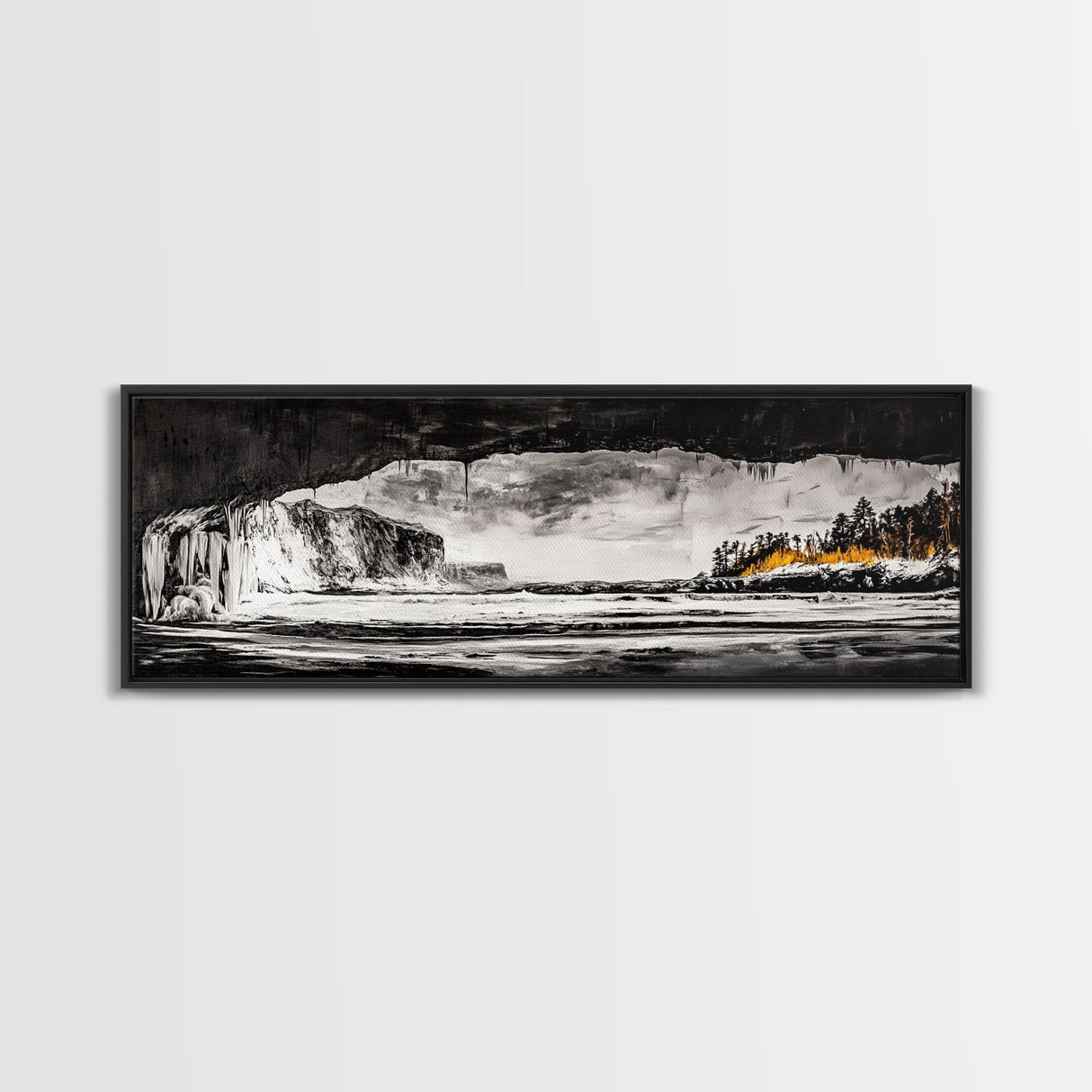 Frozen Cave, Monochrome Landscape, Framed Canvas Print, Winter Wall Art, Dramatic Nature Scene, Home Office Decor, Unique Black and White Art