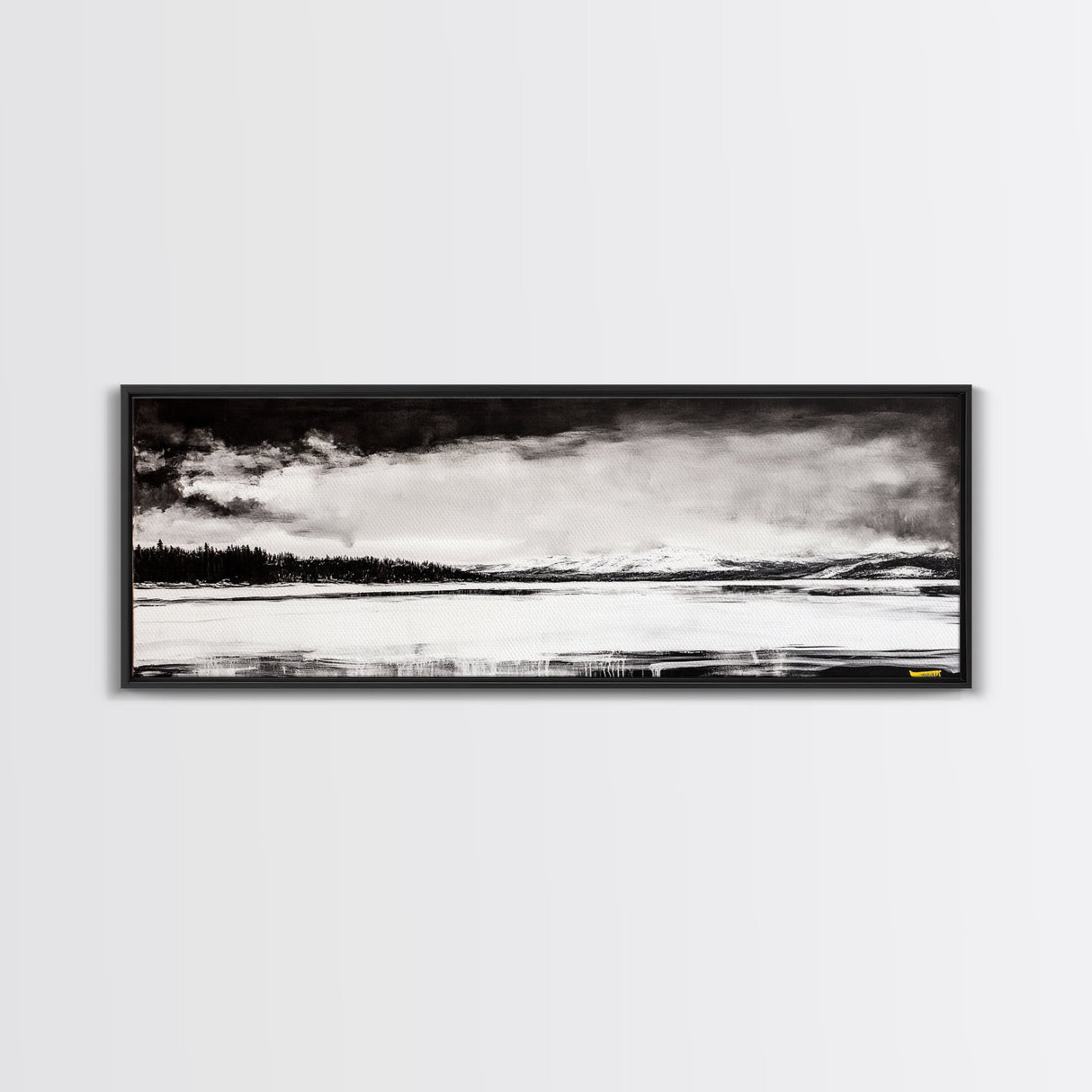 Snowy Lake Scene, Minimalist Landscape, Framed Canvas Print, Winter Wall Art, Serene Home Decor, Modern Office Art, Monochrome Nature Painting