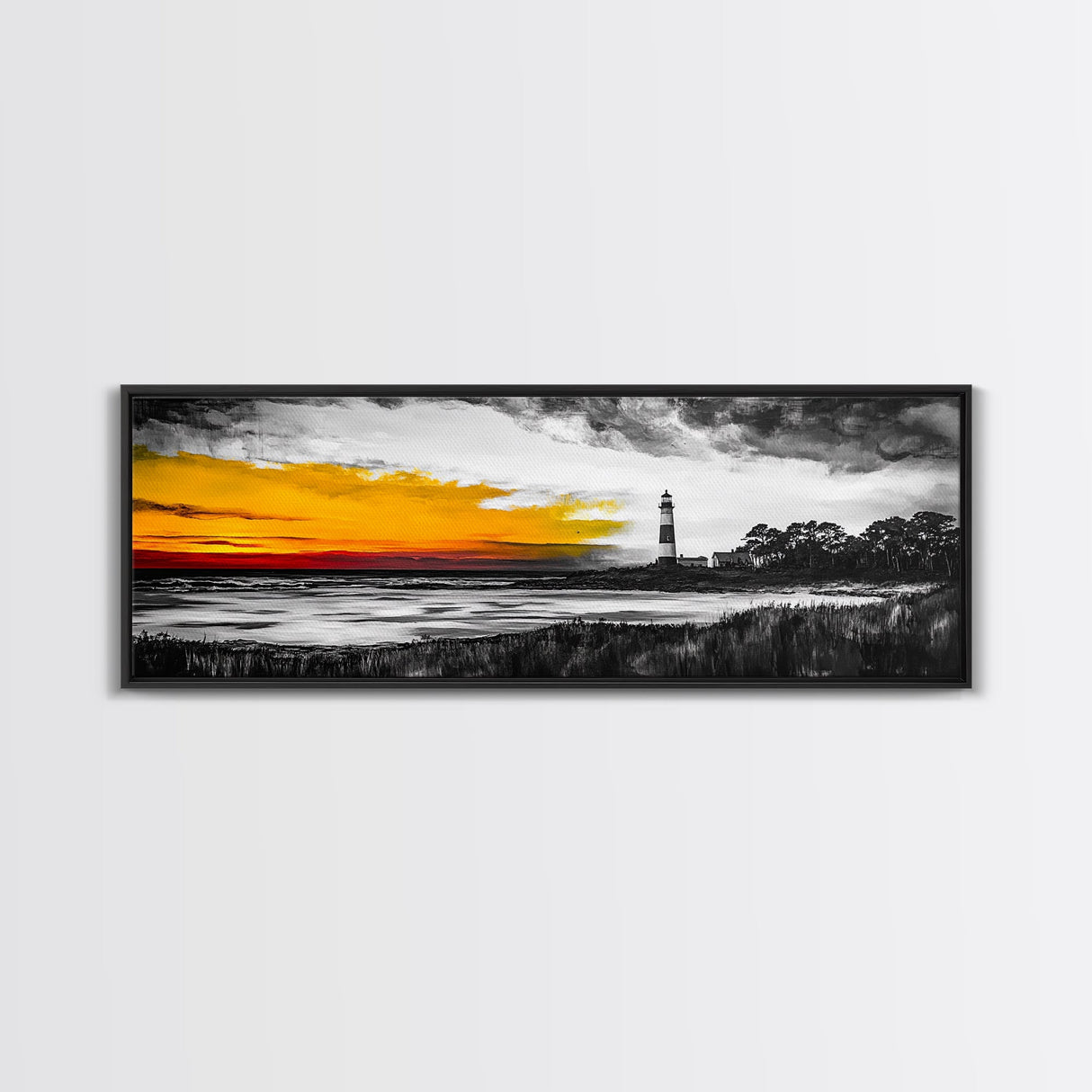 Lighthouse Sunset, Coastal Landscape, Nautical Wall Art, Seascape Print, Framed Canvas Print, Living Room Art, Minimalist Art, Ocean Sunset