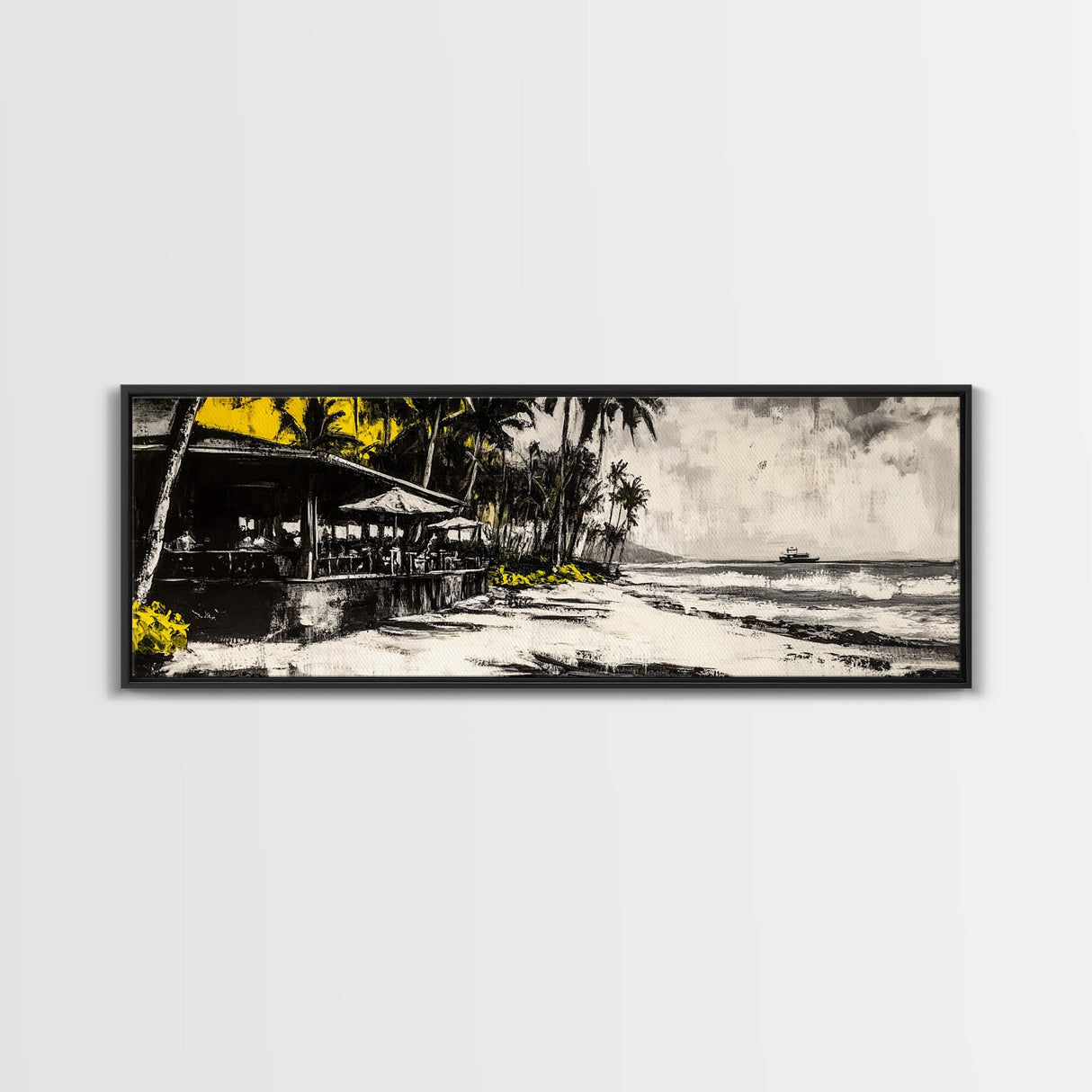 Beachside Restaurant, Ocean Waves, Coastal Cafe, Palm Trees, Framed Canvas Print, Tropical Wall Art, Living Room Art, Nautical Decor