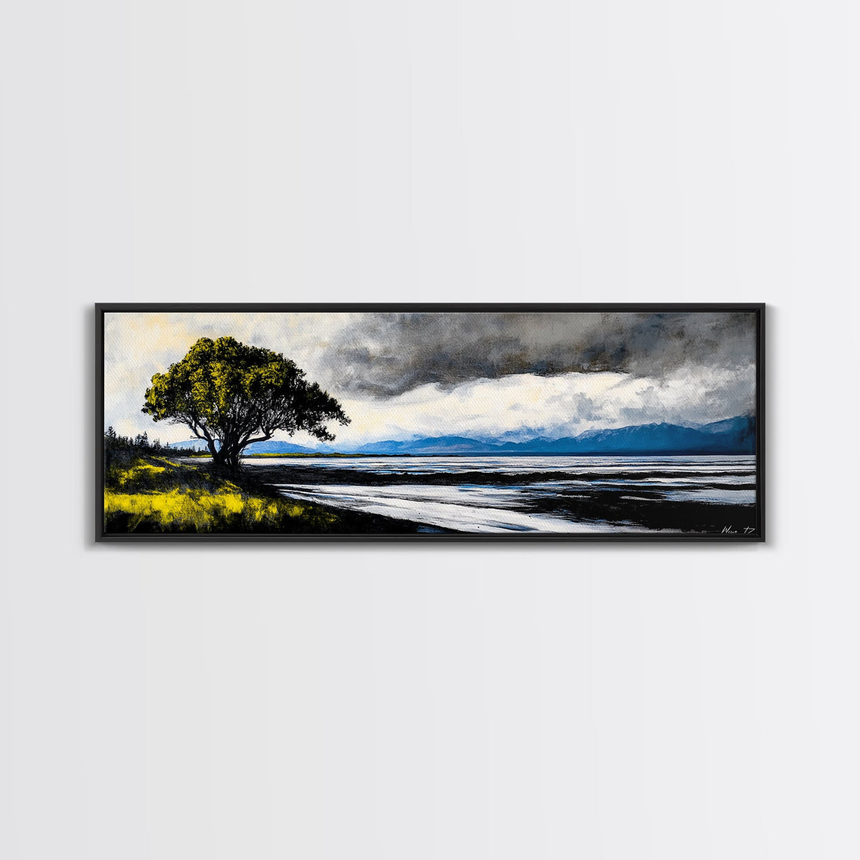 Stormy Landscape, Dramatic Tree Art, Coastal Wall Art, Nature Inspired Decor, Framed Canvas Print, Living Room Art, Moody Wall Art, Blue Tones