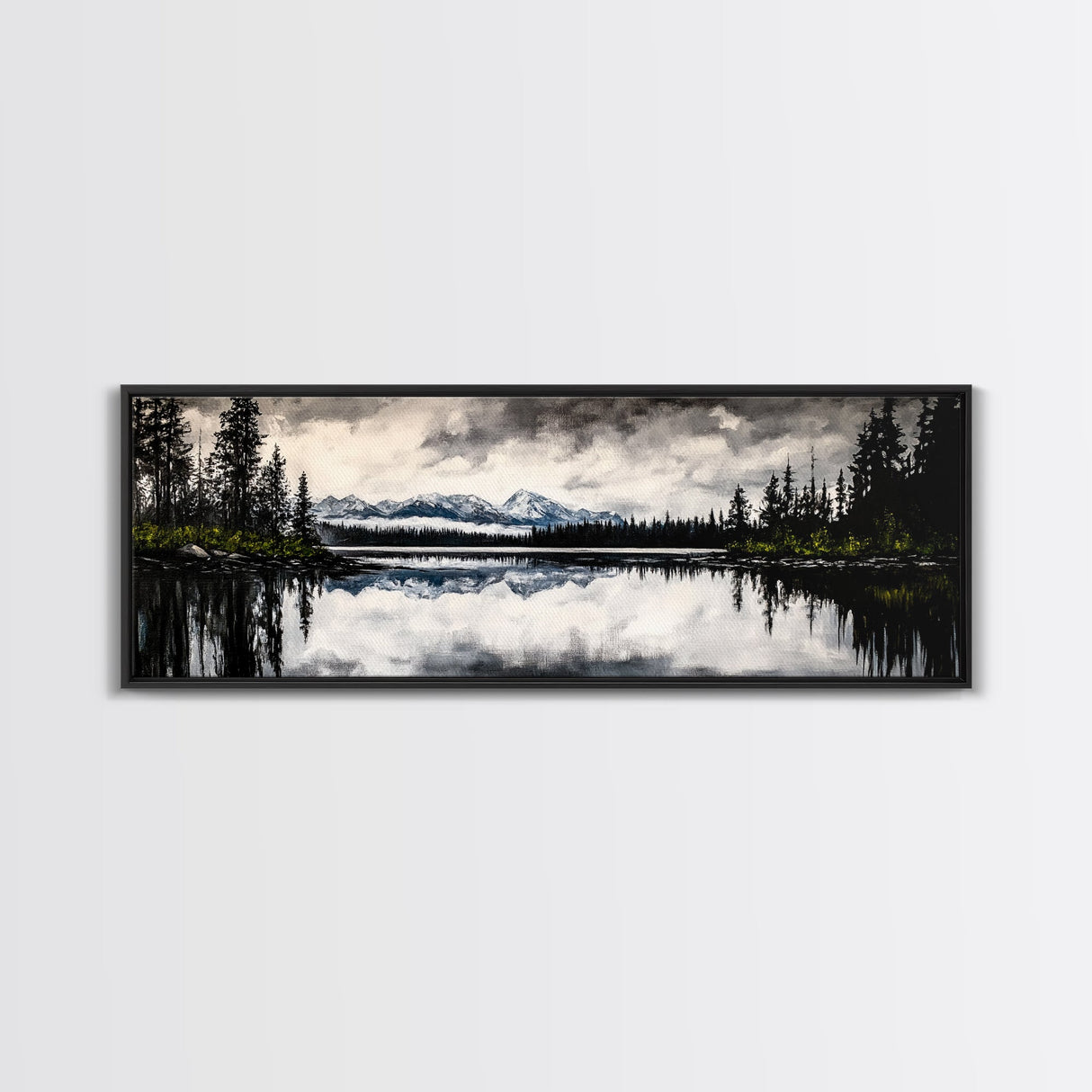 Mountain Reflection, Tranquil Lake Art, Black and White Landscape, Nature Inspired Decor, Framed Canvas Print, Cabin Wall Art, Moody Forest Scene