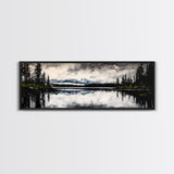 Mountain Reflection, Tranquil Lake Art, Black and White Landscape, Nature Inspired Decor, Framed Canvas Print, Cabin Wall Art, Moody Forest Scene