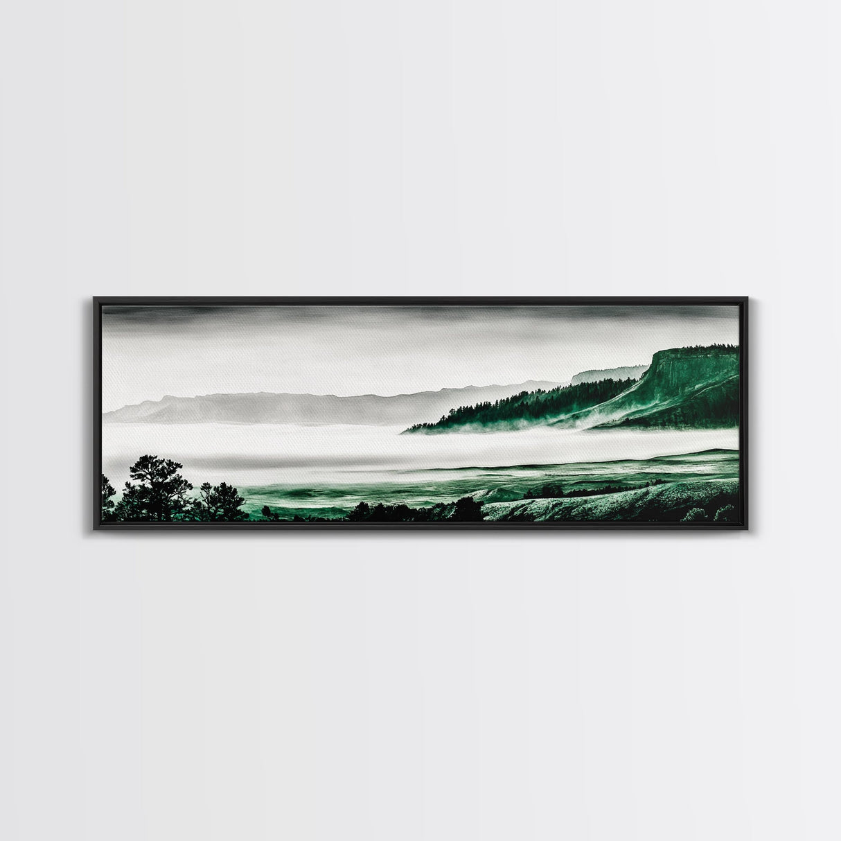 Foggy Mountains, Misty Forest Scene, Serene Nature Art, Minimalist Wall Decor, Framed Canvas Print, Bedroom Wall Art, Green Tones, Tranquil Vibes