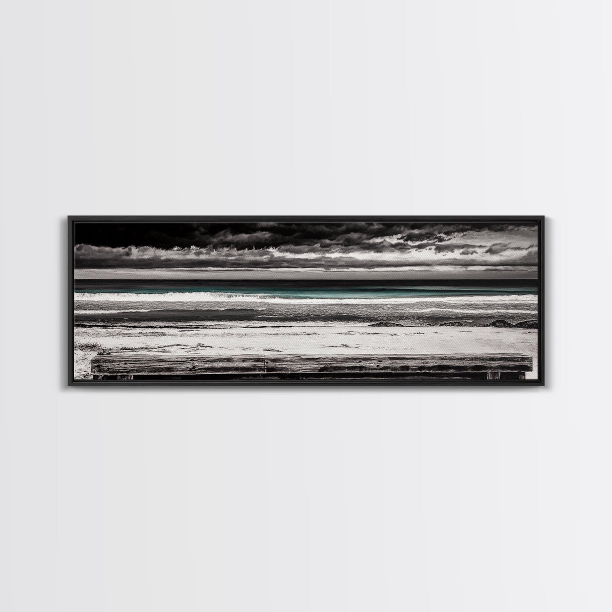Ocean Bench, Beach Serenity, Black and White Seascape, Minimalist Art, Framed Canvas Print, Calm Coastal, Meditation Space