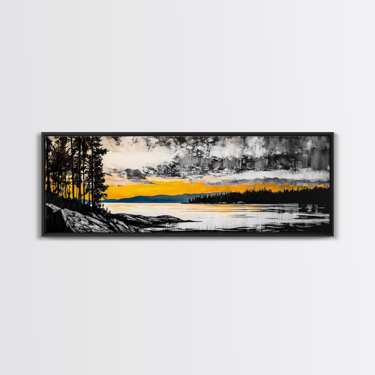 Sunset Reflection, Golden Lake, Nature Art, Framed Canvas Print, Modern Landscape, Large Wall Art, Living Room Decor, Rustic Style