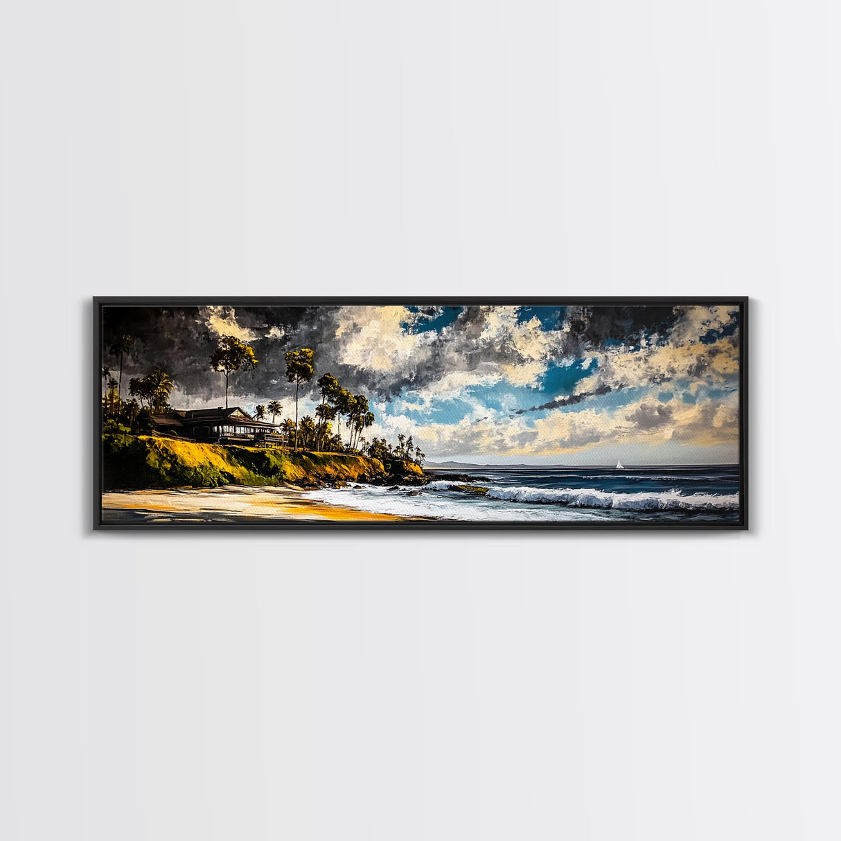 Beach Escape, Cliffside Home, Coastal Scene, Canvas Print, Ocean Landscape, Beach House Art, Nautical Decor, Living Room Artwork