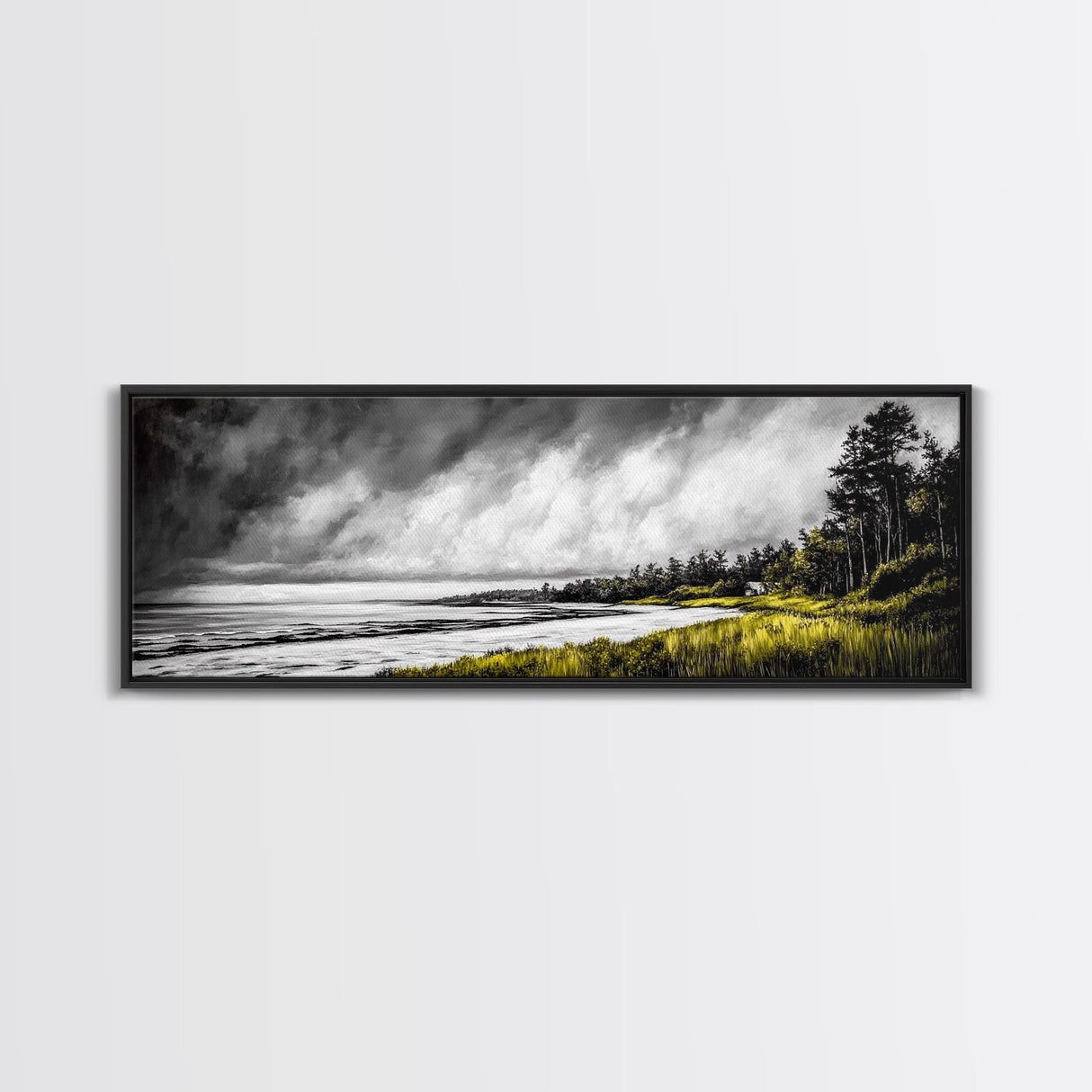 Stormy Coast, Dramatic Sky, Seaside Serenity, Framed Canvas Print, Black and White Art, Large Wall Decor, Living Room Statement