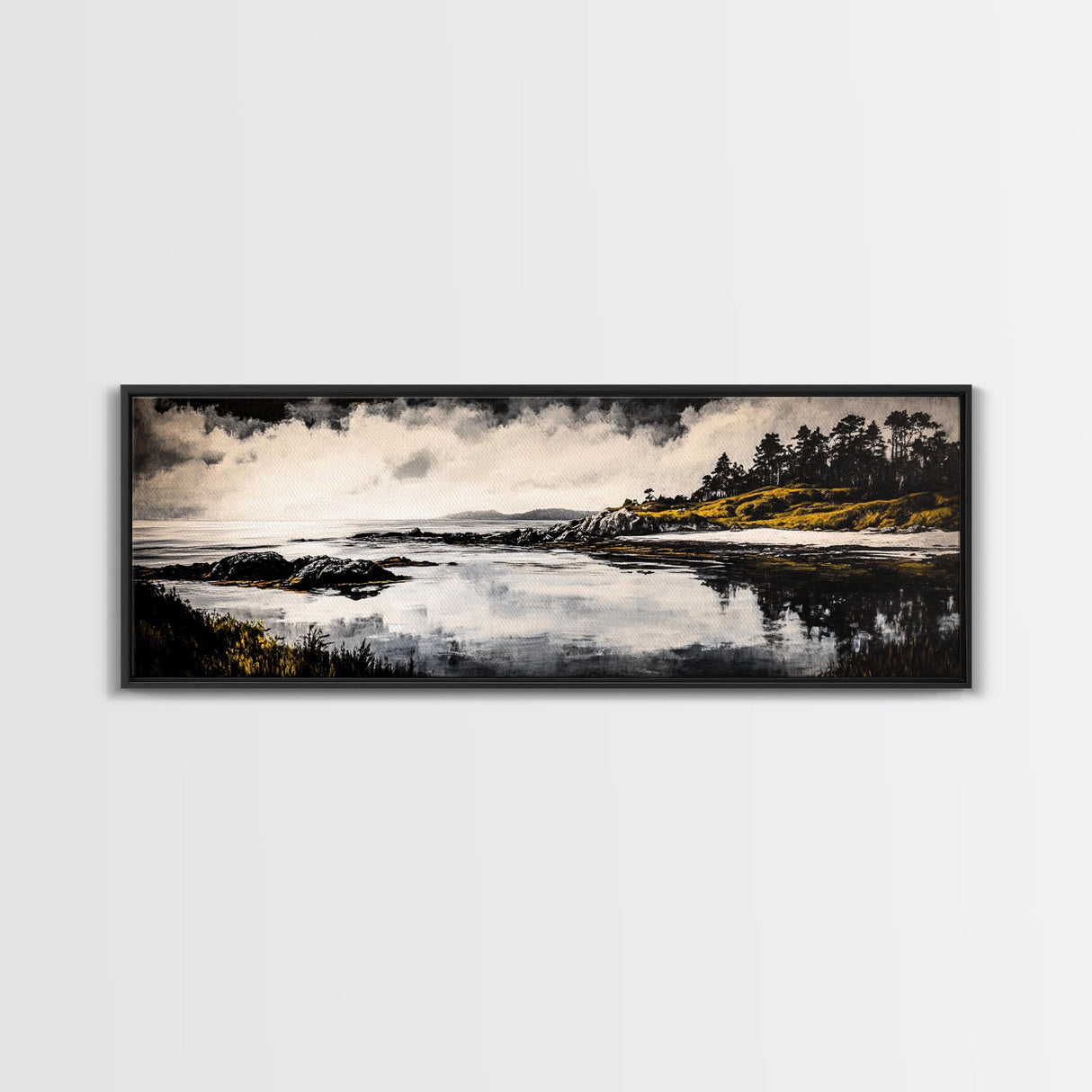 Coastal Reflection, Black White Art, Framed Canvas Print, Modern Landscape Art, Minimalist Decor, Large Wall Art, Bedroom Wall Art