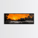 Farm Sunset, Old Barn, Fiery Sky, Rustic Landscape, Framed Canvas Print, Country Wall Art, Western Home Decor, Harvest Season Artwork