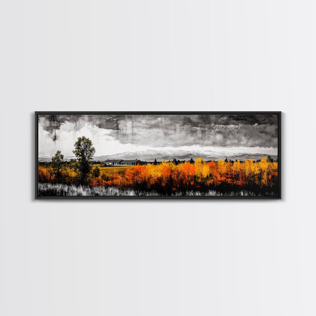 Autumn Landscape, Rustic Cabin Art, Mountain View, Fall Trees, Country Home, Black and White, Living Room Decor, Framed Canvas Print