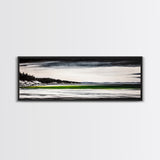 Serene Lake, Monochrome Water Art, Minimalist Nature, Dramatic Sky, Green Accent, Modern Home Wall Decor, Framed Canvas Print